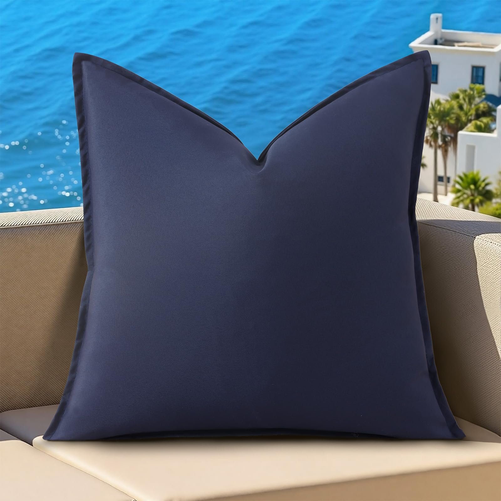 Eclipse Innovation Waterproof Outdoor Pillow Cover with Flange Edges, 18x18 Set of 1 Faux Linen Decorative Throw Pillow Case, Farmhouse Cushion Cover for Garden Patio Balcony, Twilight Blue