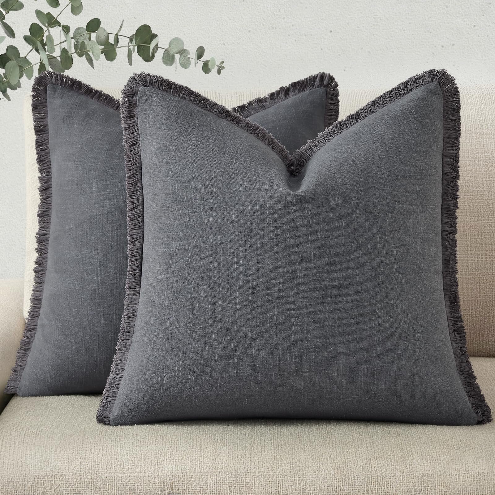 Eclipse Innovation Spring Decorative Neutral Linen Fringe Throw Pillow Covers Set of 2 - Image 9