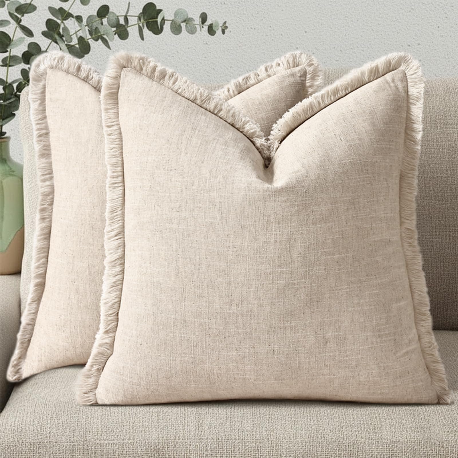 Eclipse Innovation Spring Decorative Neutral Linen Fringe Throw Pillow Covers Set of 2 - Image 3