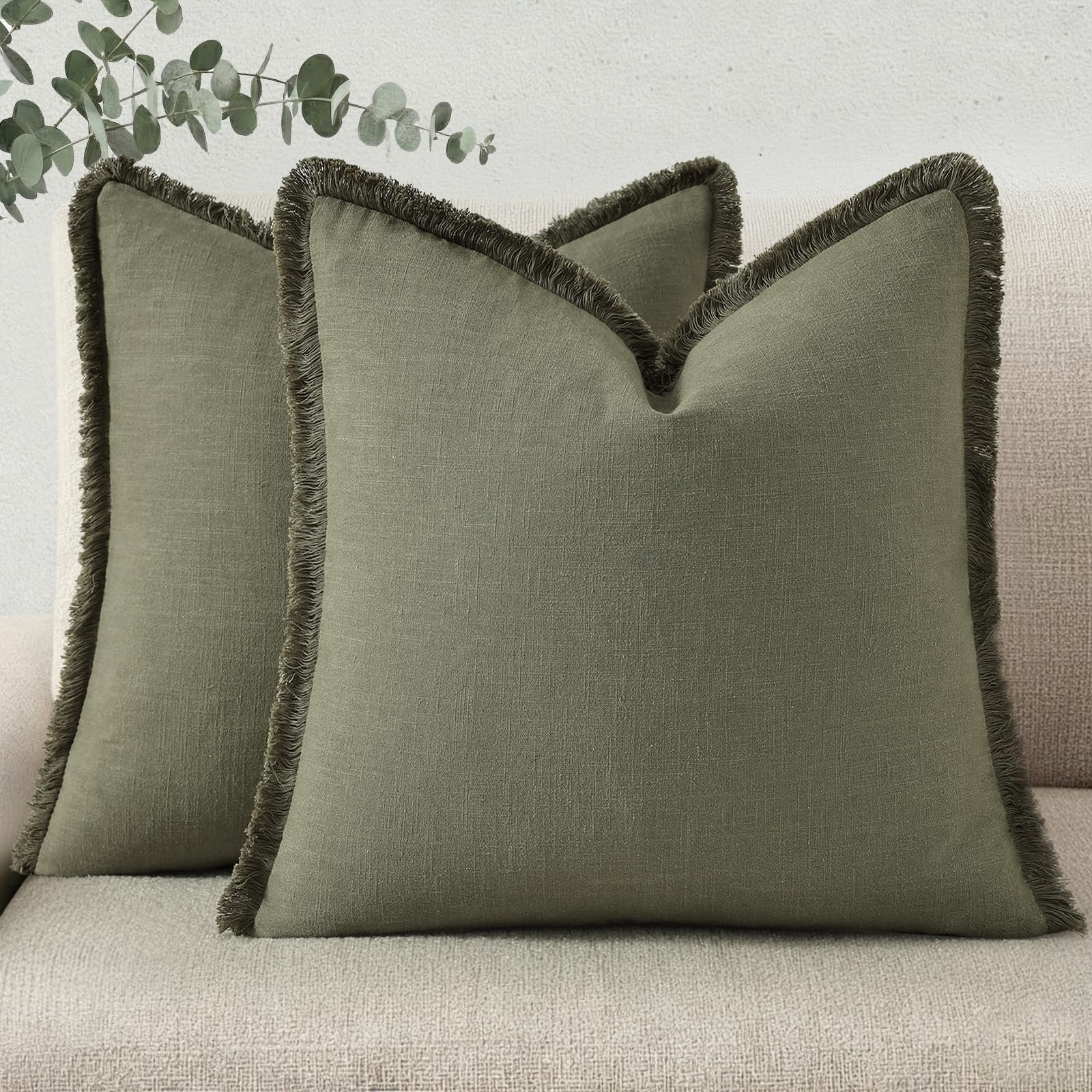 Eclipse Innovation Spring Decorative Neutral Linen Fringe Throw Pillow Covers Set of 2 - Image 7