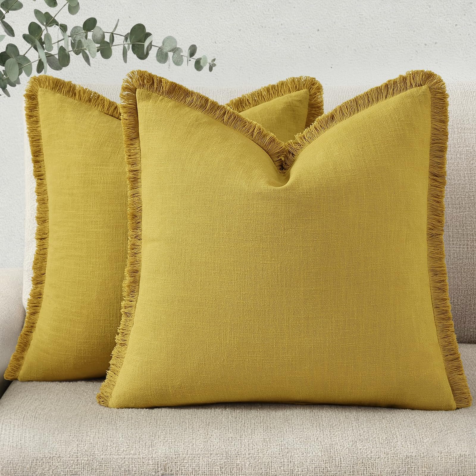 Eclipse Innovation Spring Decorative Neutral Linen Fringe Throw Pillow Covers Set of 2 - Image 10