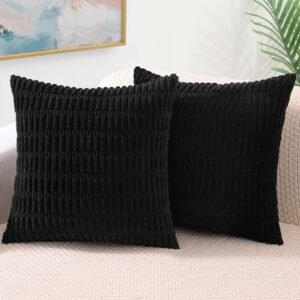 Eclipse Innovation Black Neutral Decorative Throw Pillow Covers 18x18 Inch Set of 2, Boho Soft Corduroy Striped Square Pillow Covers Modern Twill Pillow Covers for Couch Bed Sofa Living Room